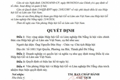 QUYẾT ĐỊNH CÔNG NHẬN HỘI VIÊN HIỆP HỘI GỖ VÀ LÂM SẢN VIỆT NAM